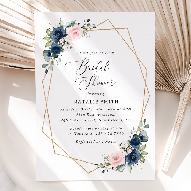 Navy Blue Flowers, Pink Flowers, Bridal Shower Invitation (Creator Uploaded)