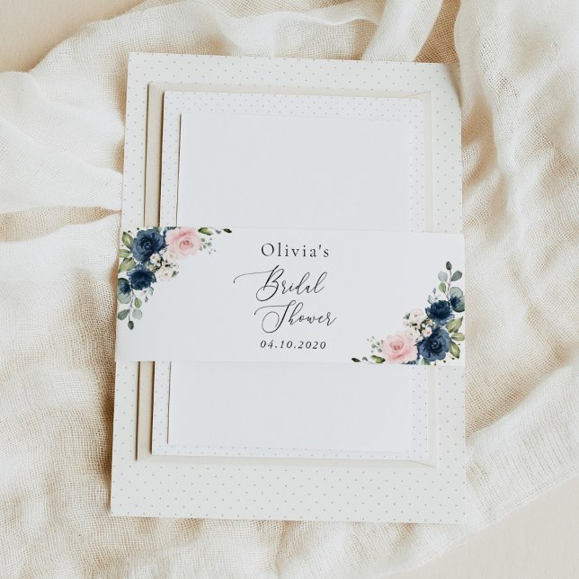 Navy Blue Flowers, Pink Flowers, Bridal Shower Invitation Belly Band (Creator Uploaded)