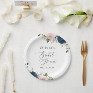 Navy Blue Flowers, Pink Flowers, Bridal Shower Paper Plate