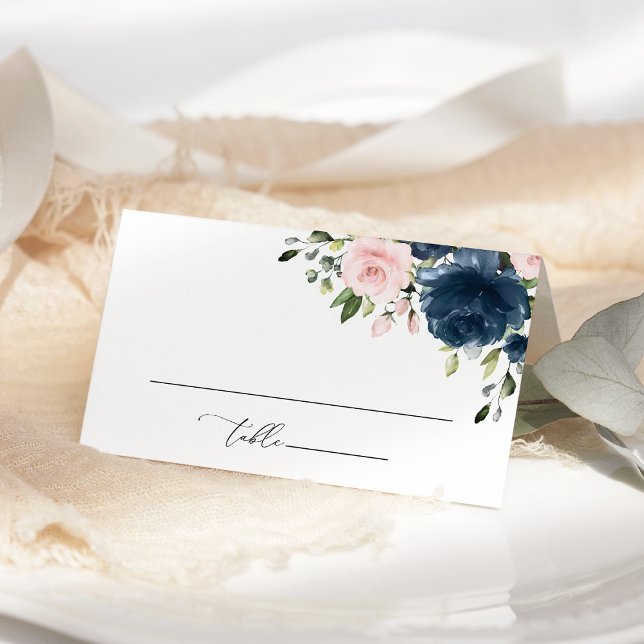 Navy Blue Flowers, Pink Flowers, Bridal Shower Place Card (Creator Uploaded)