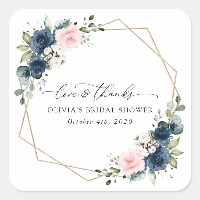Navy Blue Flowers, Pink Flowers, Bridal Shower Square Sticker (Front)