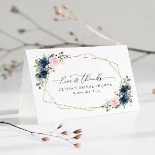 Navy Blue Flowers, Pink Flowers, Bridal Shower Thank You Card