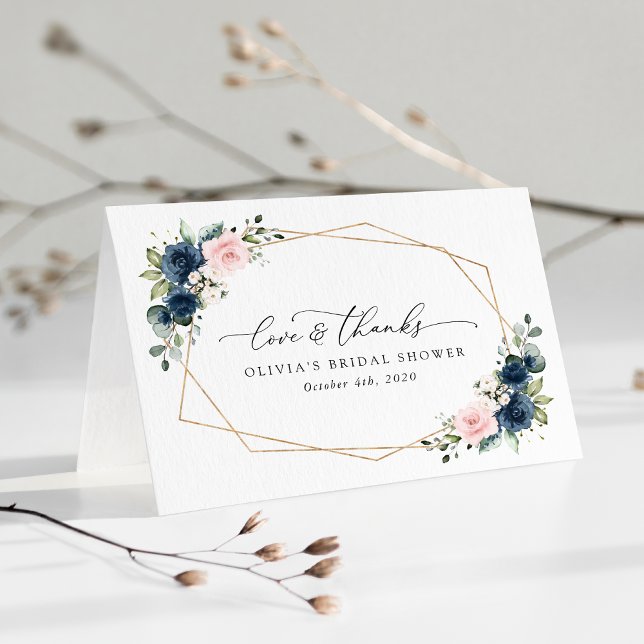 Navy Blue Flowers, Pink Flowers, Bridal Shower Thank You Card (Creator Uploaded)