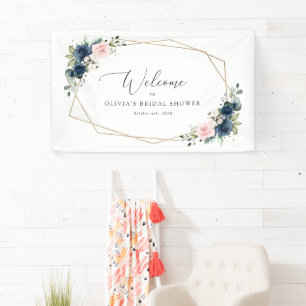Navy Blue Flowers, Pink Flowers, Bridal Welcome Banner