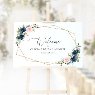 Navy Blue Flowers, Pink Flowers, Bridal Welcome Poster