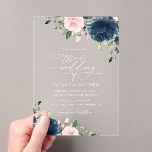 Navy Blue Flowers, Pink Flowers, Floral Wedding Acrylic Invitations