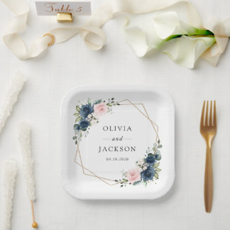 Navy Blue Flowers, Pink Flowers, Floral Wedding Paper Plate