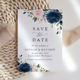 Navy Blue Flowers, Pink Flowers, Floral Wedding Save The Date