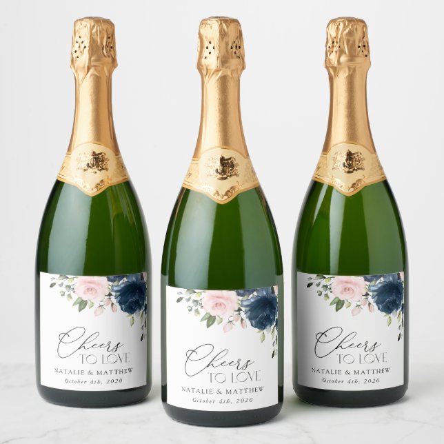 Navy Blue Flowers, Pink Flowers, Floral Wedding Sparkling Wine Label (Bottles)