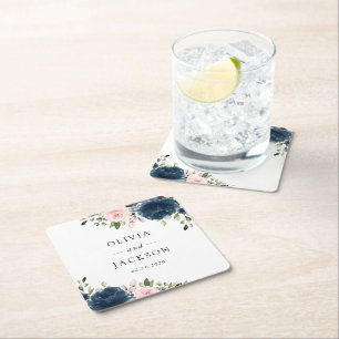 Navy Blue Flowers, Pink Flowers, Floral Wedding Square Paper Coaster