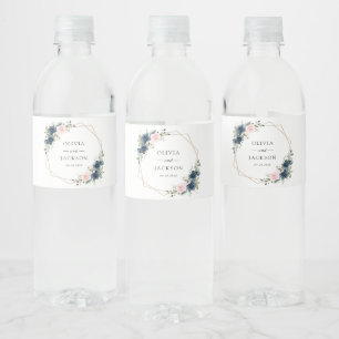 Navy Blue Flowers, Pink Flowers, Floral Wedding Water Bottle Label