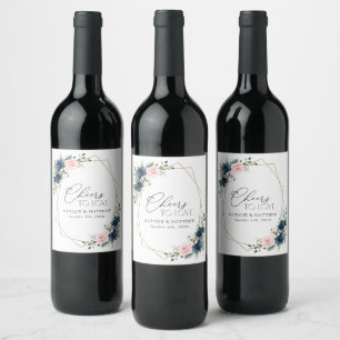 Navy Blue Flowers, Pink Flowers, Floral Wedding Wine Label