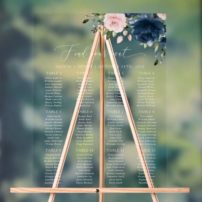 Navy Blue Flowers, Pink Flowers, Seating Chart (Neutral)