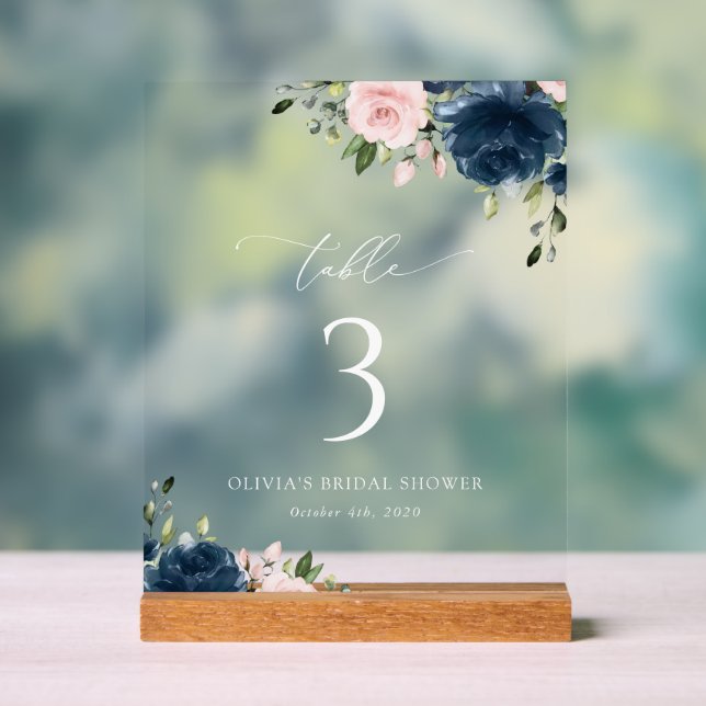 Navy Blue Flowers, Pink Flowers, Table Numbers Acrylic Sign (Neutral)