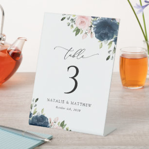 Navy Blue Flowers, Pink Flowers, Table Numbers Pedestal Sign