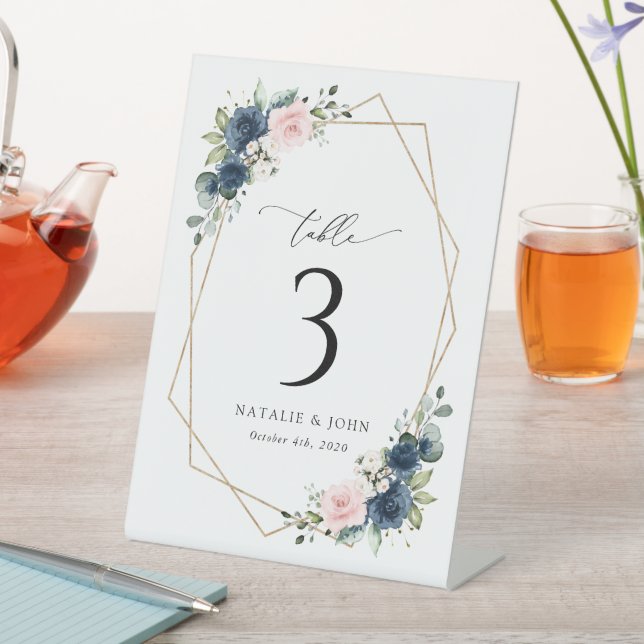Navy Blue Flowers, Pink Flowers, Table Numbers Pedestal Sign (In SItu)