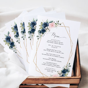 Navy Blue Flowers, Pink Flowers, Wedding Menu