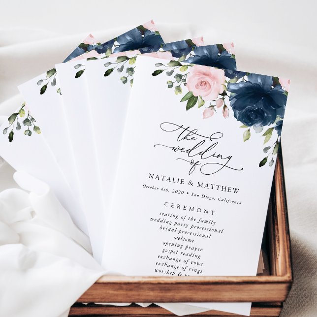 Navy Blue Flowers, Pink Flowers, Wedding Program (Creator Uploaded)