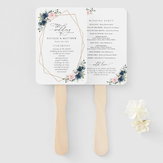 Navy Blue Flowers, Pink Flowers, Wedding Program Hand Fan (Front and Back)