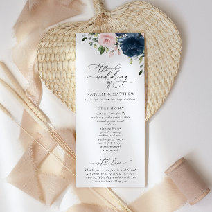 Navy Blue Flowers, Pink Flowers, Wedding Program Programme