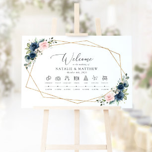 Navy Blue Flowers, Pink Flowers, Wedding Timeline Poster