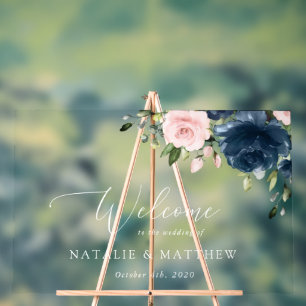 Navy Blue Flowers, Pink Flowers, Wedding Welcome Acrylic Sign
