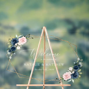 Navy Blue Flowers, Pink Flowers, Wedding Welcome Acrylic Sign