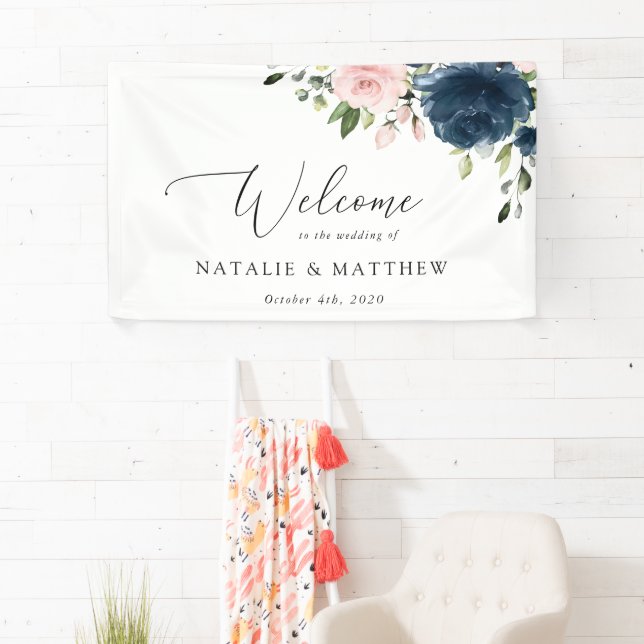 Navy Blue Flowers, Pink Flowers, Wedding Welcome Banner (Insitu)