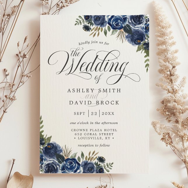 Navy Blue Flowers Watercolor Calligraphy Wedding Invitation (Creator Uploaded)