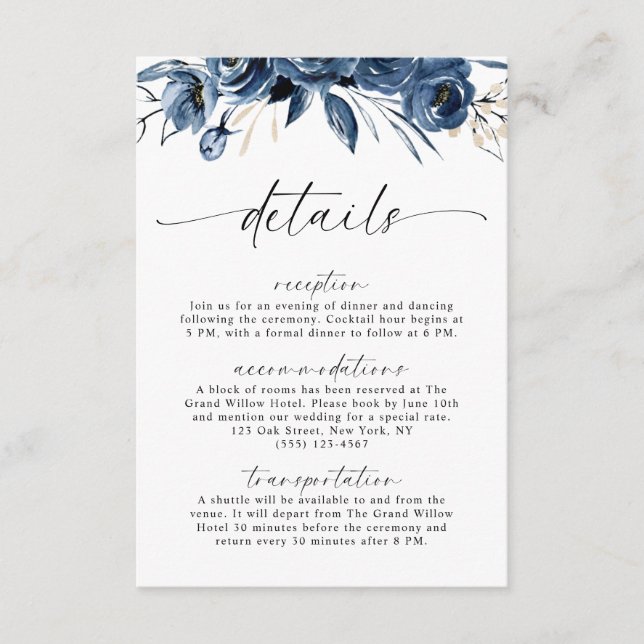 Navy Blue Flowers Wedding Calligraphy QR Code Enclosure Card (Front)