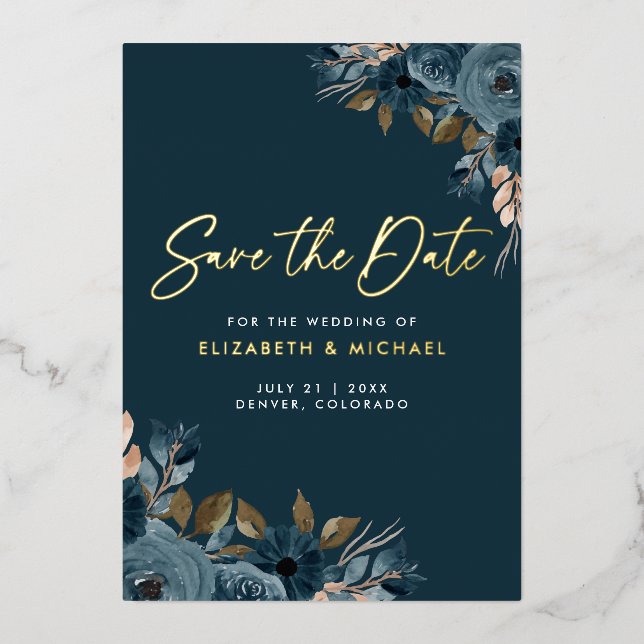 Navy Blue Flowers Wedding Save The Date Invitation (Front)