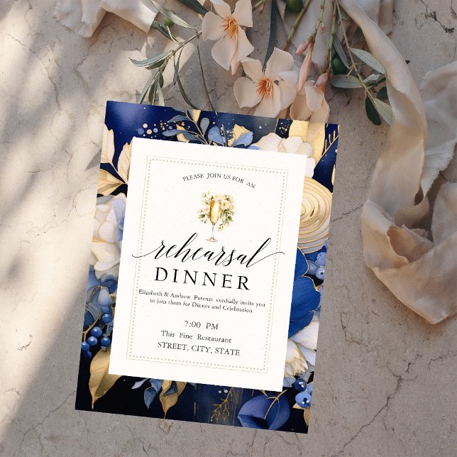 Navy Blue Flowers Wine Tasting Rehearsal Dinner  Invitation (Creator Uploaded)