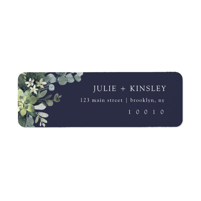 Navy Blue Foliage Greenery Return Address Label (Front)