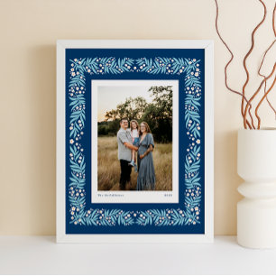 Navy Blue Folk Art Floral Frame with Custom Text Poster