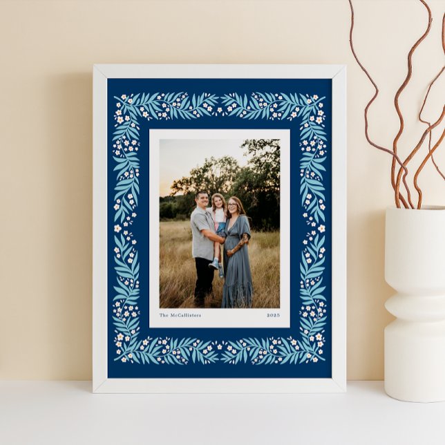 Navy Blue Folk Art Floral Frame with Custom Text Poster (Navy blue Scandinavian folk art style frame with custom photo and text caption)