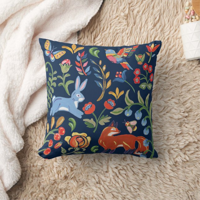 Navy Blue Folk Art Woodland Animal Floral Decor Cushion (Blanket)