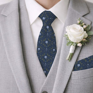 Navy Blue Folk Floral Wedding Tie