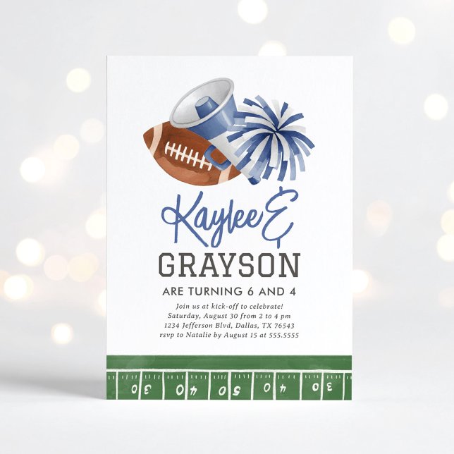 Navy Blue Football and Cheerleading Joint Birthday Invitation (Creator Uploaded)