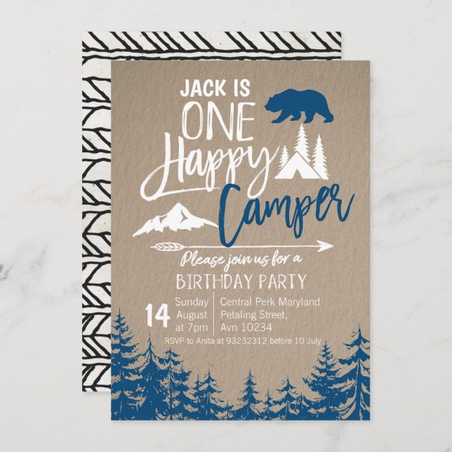 Navy Blue Forest Camping Birthday party Invitation (Front/Back)
