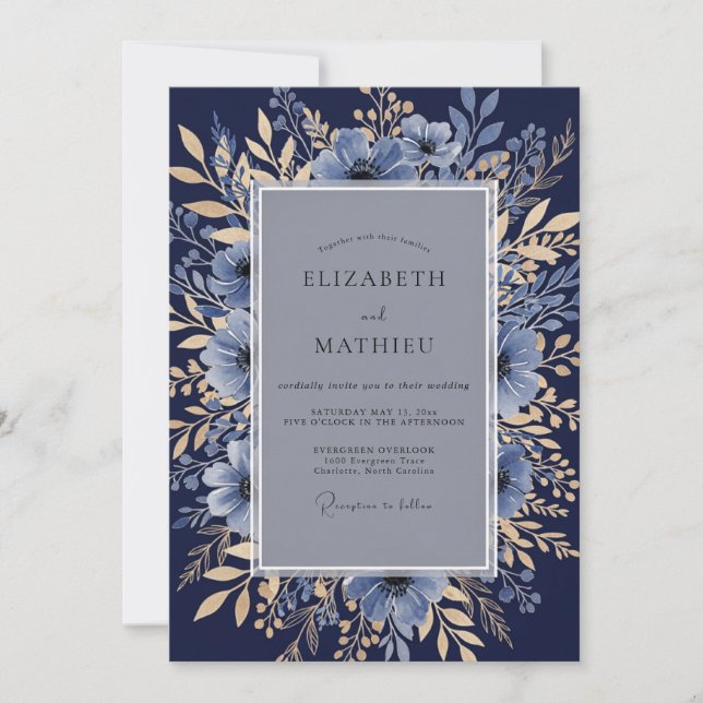 Navy Blue Formal Botanical Wedding Invitation (Front)