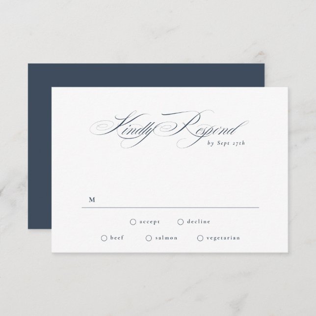 Navy Blue Formal Elegant Calligraphy Wedding RSVP Card (Front/Back)