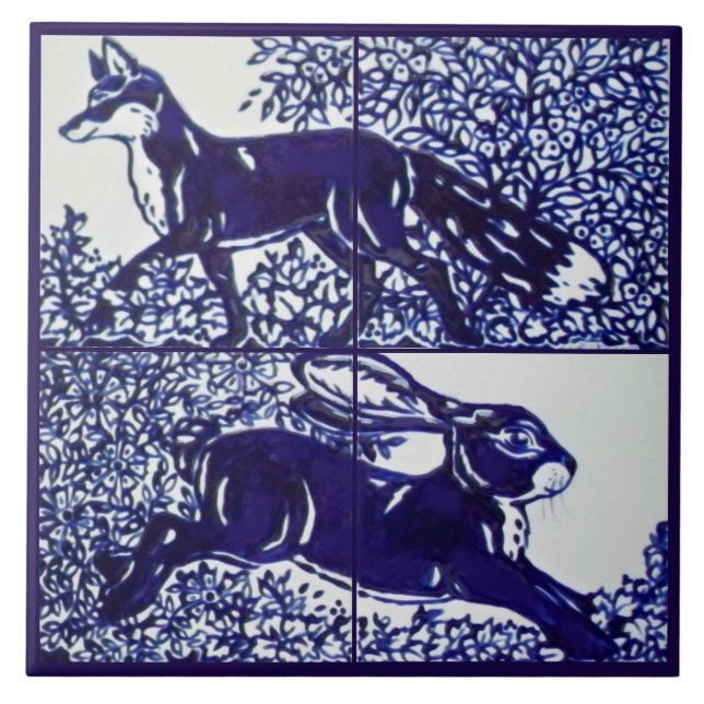 Navy Blue Fox Rabbit Woodland Floral Ceramic Mural Tile (Front)