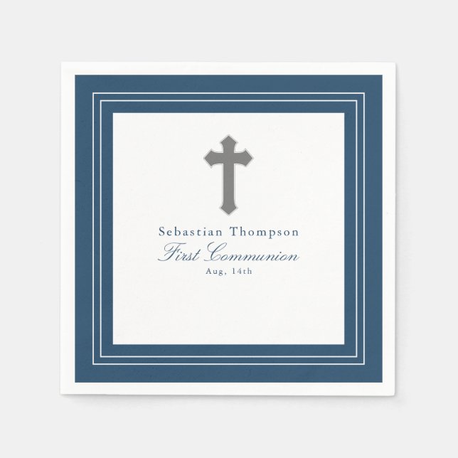 Navy Blue Frame  First Communion Paper Napkin (Front)