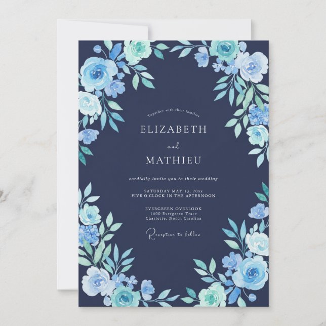 Navy Blue Frosty Botanical Wedding Invitation (Front)