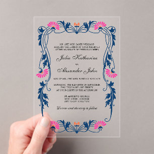 Navy Blue & Fuchsia Floral Swirls Acrylic Invitations