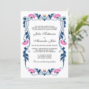 Navy Blue & Fuchsia Floral Swirls Wedding Invitation