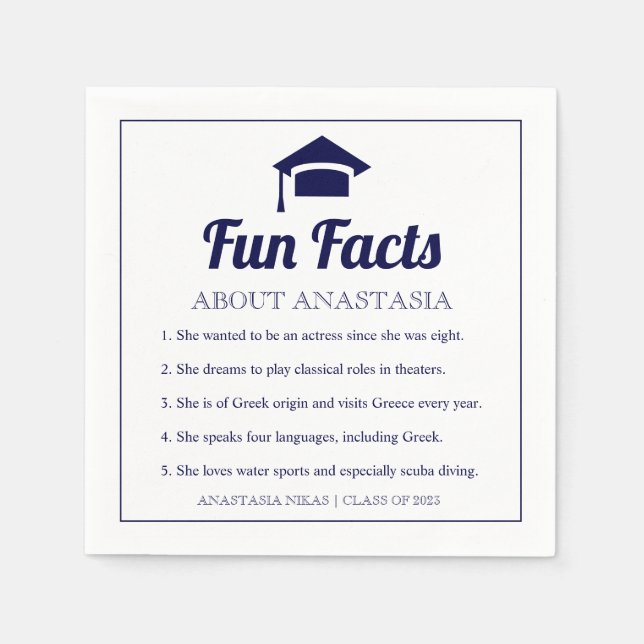Navy blue Fun Facts class of 2022 graduation cap Napkin (Front)