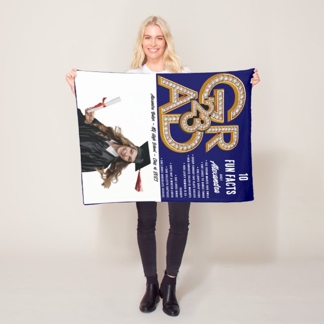 Navy Blue Fun Facts & Photo 2023 Grad Graduation Fleece Blanket (In Situ)