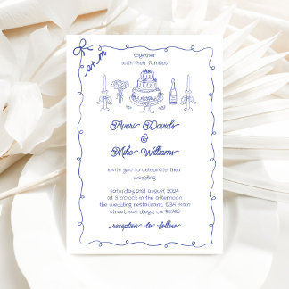 Navy Blue Funky Drawing Handwritting Wedding Invitation