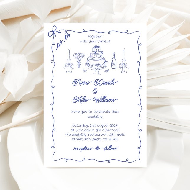 Navy Blue Funky Drawing Handwritting Wedding Invitation (Creator Uploaded)